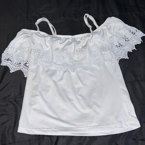 SHEIN White Lace Trim Off-Shoulder Blouse